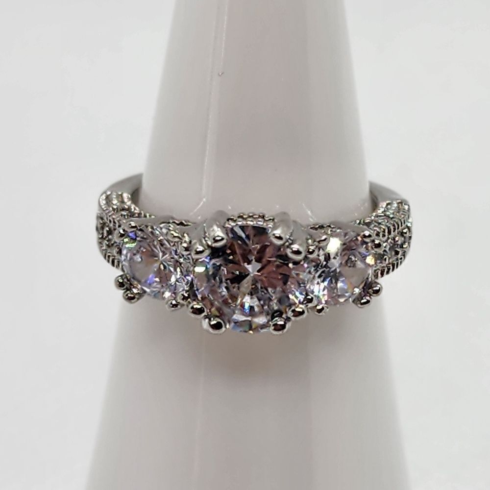 Sterling Silver Three Stone Cubic Zirconia Engagement Ring (5.75)